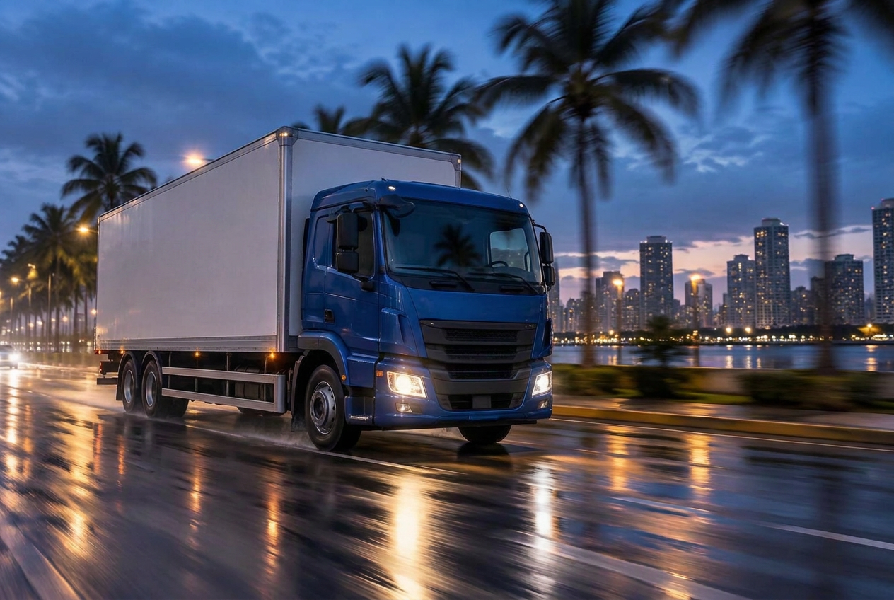 Caminhão da Comercial NP em movimento pelas ruas de Manaus