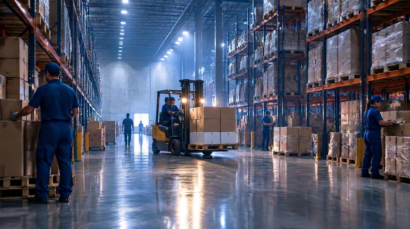 Central de distribuição da Comercial NP com porta-paletes e equipe uniformizada